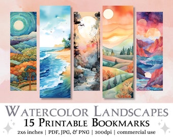 15 Watercolor Landscapes Printable Bookmarks | Digital Download JPG Bookmark Sheets, PNG bookmark sublimation, Print and Cut Bookmark Set