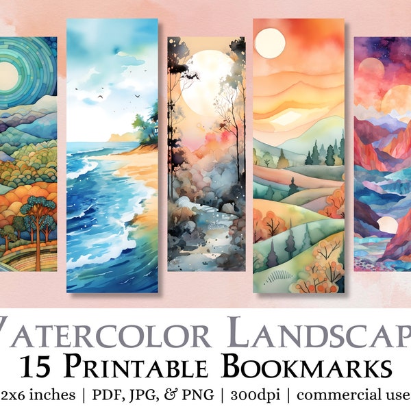 15 Watercolor Landscapes Printable Bookmarks | Digital Download JPG Bookmark Sheets, PNG bookmark sublimation, Print and Cut Bookmark Set