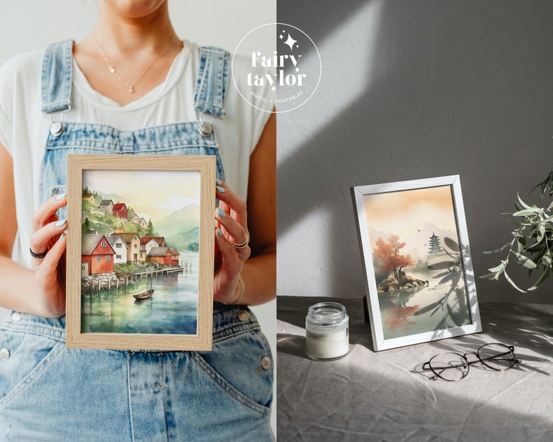 May include: Two watercolour paintings in wooden frames. The first painting depicts a small village with red houses on a waterfront. The second painting shows a pagoda in a landscape with a red tree.