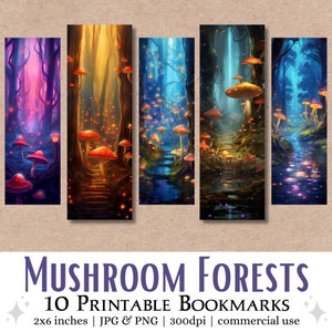Set di segnalibri stampabili - Foreste di funghi / Download digitale Pagine JPG, Immagini di sublimazione segnalibri PNG, Uso commerciale, Segnalibri fantasy
