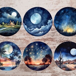 May include: Six watercolor paintings of different night sky scenes. Each painting features a full moon, stars, and a different landscape. The landscapes include a house, a forest, a beach, a desert, and a field of stars.