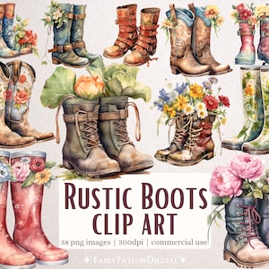 Pode incluir: Um conjunto de 38 imagens digitais de clip art de botas rústicas com flores. As botas são de vários estilos, incluindo botas de cowboy, botas de trabalho e botas de chuva. As flores são de várias cores, incluindo rosa, vermelho, amarelo e azul.