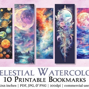 10 Celestial Watercolor Printable Bookmarks, Digital Download JPG pages & PNG bookmark sublimation, fantasy boho bookmark set commercial use