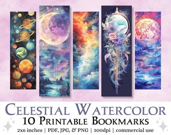 10 himmelska akvarell utskrivbara bokmärken, digital nedladdning JPG-sidor och PNG-bokmärken sublimering, fantasy boho bokmärkesset kommersiellt bruk