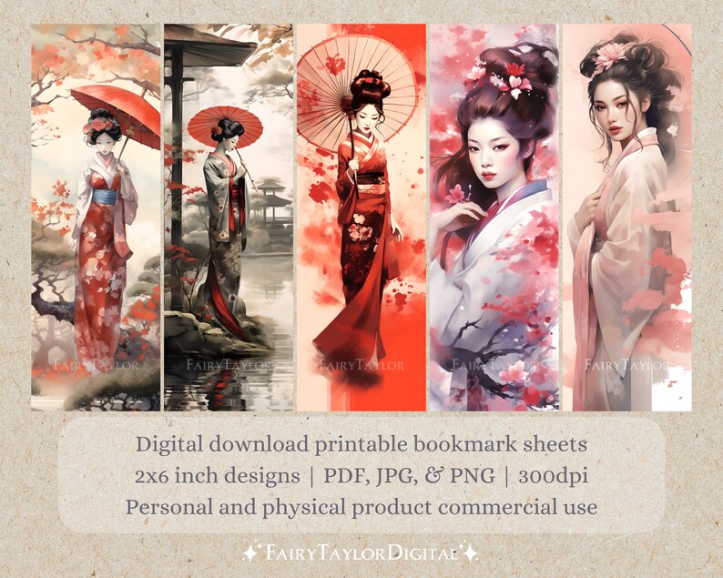 10 Geisha Printable Bookmarks Print &amp; Cut JPG Pages PNG - Etsy