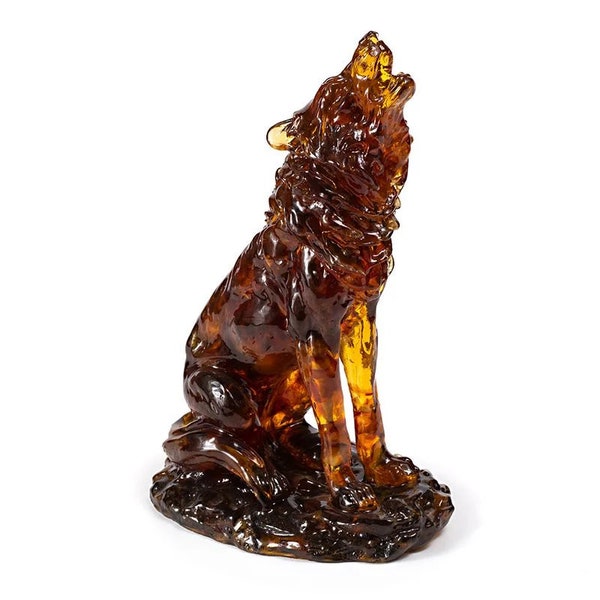 Large amber figurine howling Wolf|Amber wolf sculpture|Amber Souvenir Gift|Amber Wolf Statue|Amber carving figurine home interior