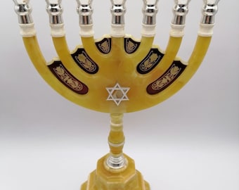 Menorah candle holder made of natural baltic amber and 925 sterling silver|Jewish Candle holder|Star of david|Unick gift