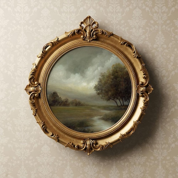 Vintage stream oil landscape painting, Moody Green Art print, Antique French European Art, Victorian style art, Serene Tree Painting