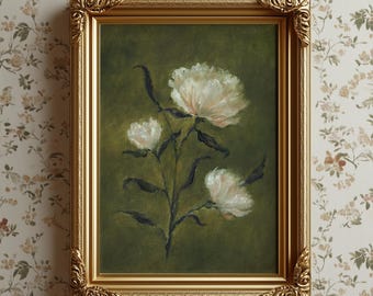 Vintage Peony Flower Still Life Painting Art Print, Antique style Floral Painting, Cottagecore art, White Flower Art, French Country Art