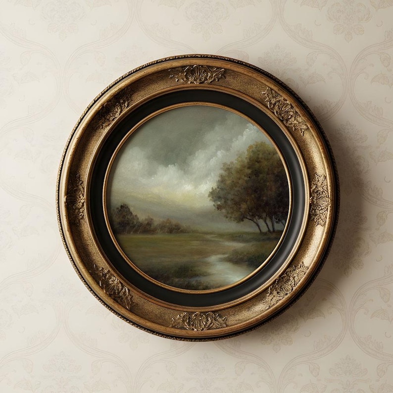 Vintage Stream Oil Landscape Painting Print, Moody Green Art print, Antique French European Art, Victorian style art, Serene Tree Painting image 2