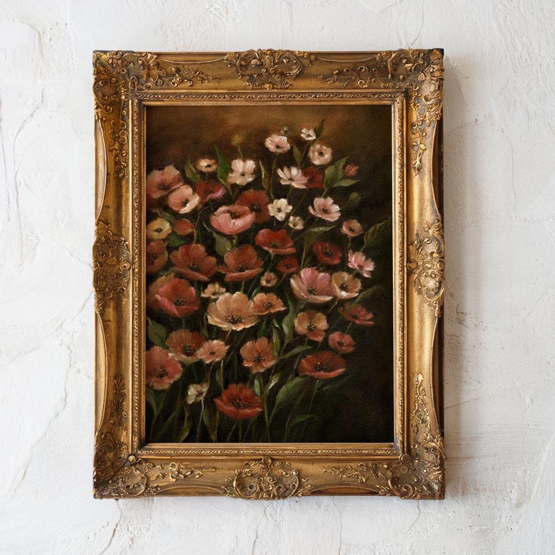 Vintage Poppy Flower Art Print, Red and Pink Floral Painting, French ...