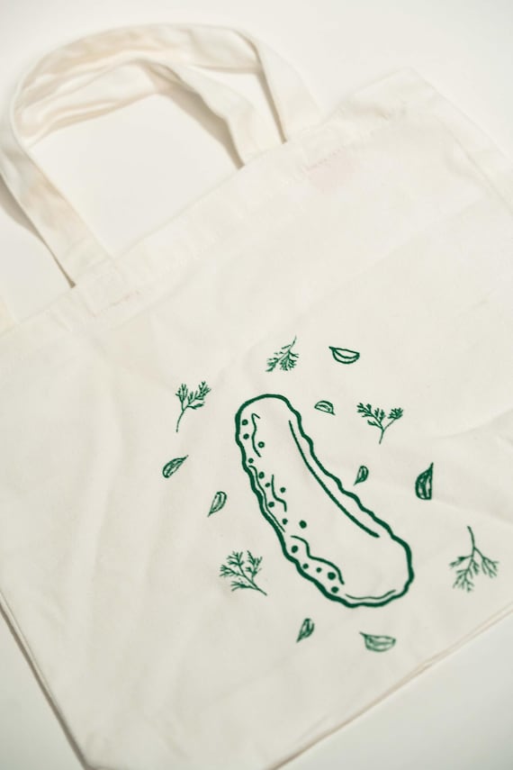 White Tote Bag: Green Pickle Screen Print