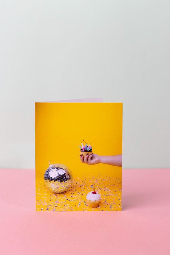 Handmade Birthday Card – Cupcake & Disco Ball, Cheerful Celebration