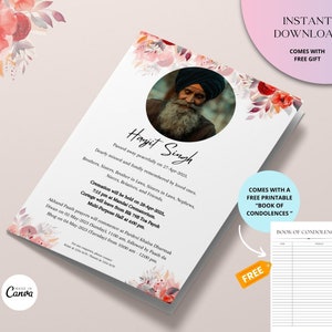 Pode incluir: Um cartão de condolências branco com um design floral em tons de rosa e vermelho. O cartão apresenta uma foto de um homem com turbante e barba. O texto no cartão diz "Hanjit Singh" e inclui informações sobre seu falecimento e os arranjos fúnebres.