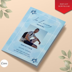 Blue Funeral Program Template, Instant Download, Obituary Template Sky Blue, Blue Funeral Program, Funeral Brochure, Blue Order Of Service