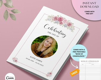 Pink Flower Funeral Template, Funeral Brochure, Pink Printable Obituary Template, Canva Funeral Template, Printable Order Of Service, Floral