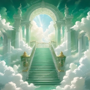 May include: A white, ornate archway with a green staircase leading up to a bright, white light. The archway is surrounded by clouds and a light blue sky.