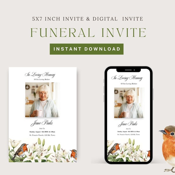 Lilly & Bird Funeral Invitation For Mother, White Floral Funeral Invite, Funeral Template, Robin Double Sided Funeral Invite, Digital Invite