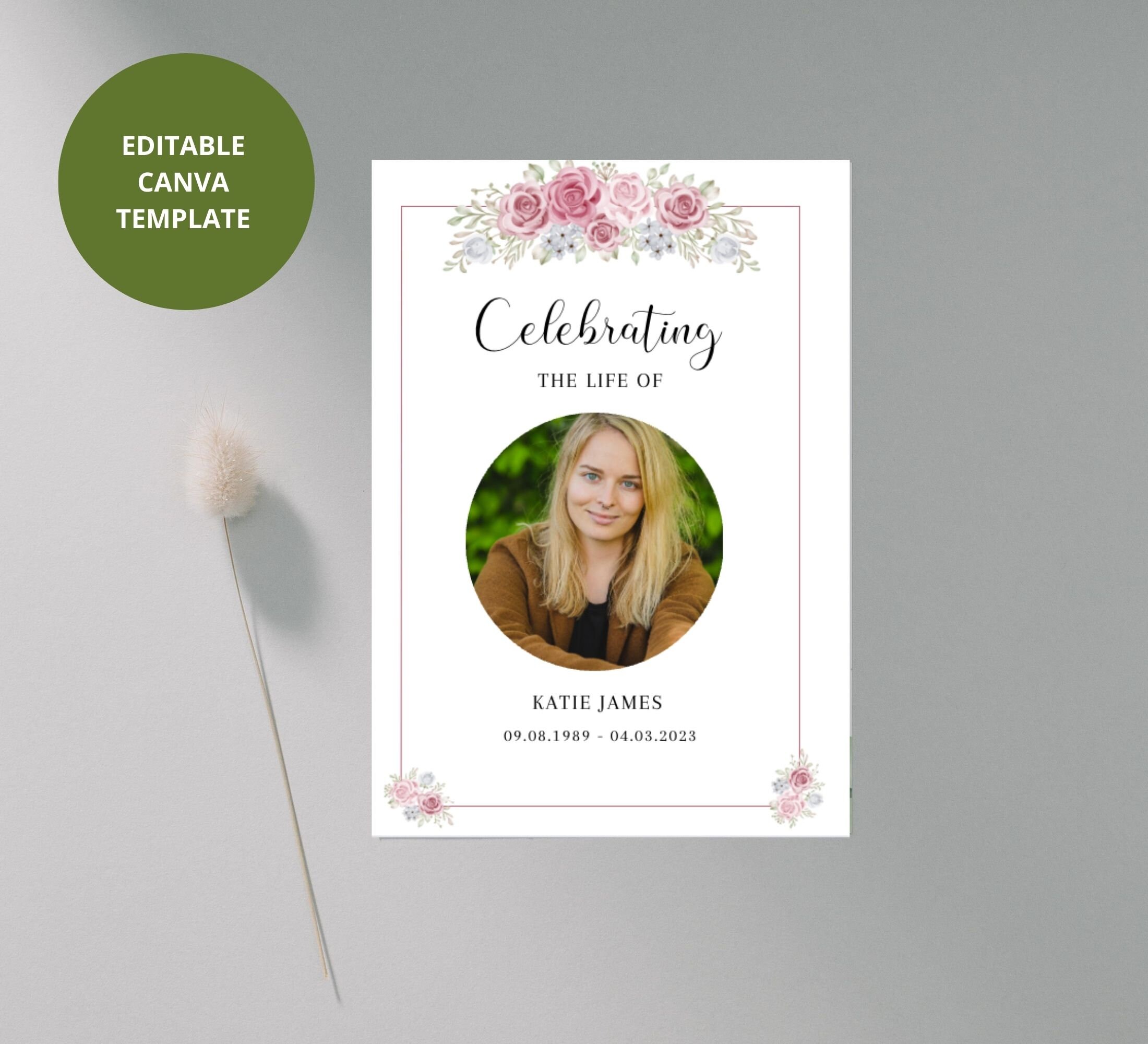 Double Sided Funeral Program Template, Roses Memorial Program, Pink ...