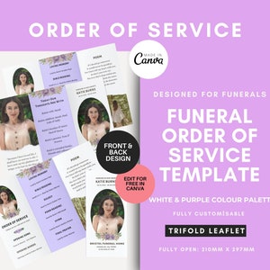 Funeral Order Of Service, Purple Order Of Service Template, Order Of Service Funeral, Funeral Programs, Funeral Template, Canva Template
