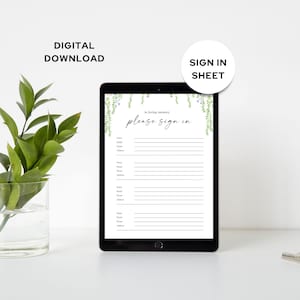 Puede incluir: Una hoja de registro digital en una tableta negra. La hoja dice "in loving memory please sign in" con espacio para nombre, correo electrónico, teléfono y dirección. La tableta está sobre una superficie blanca.