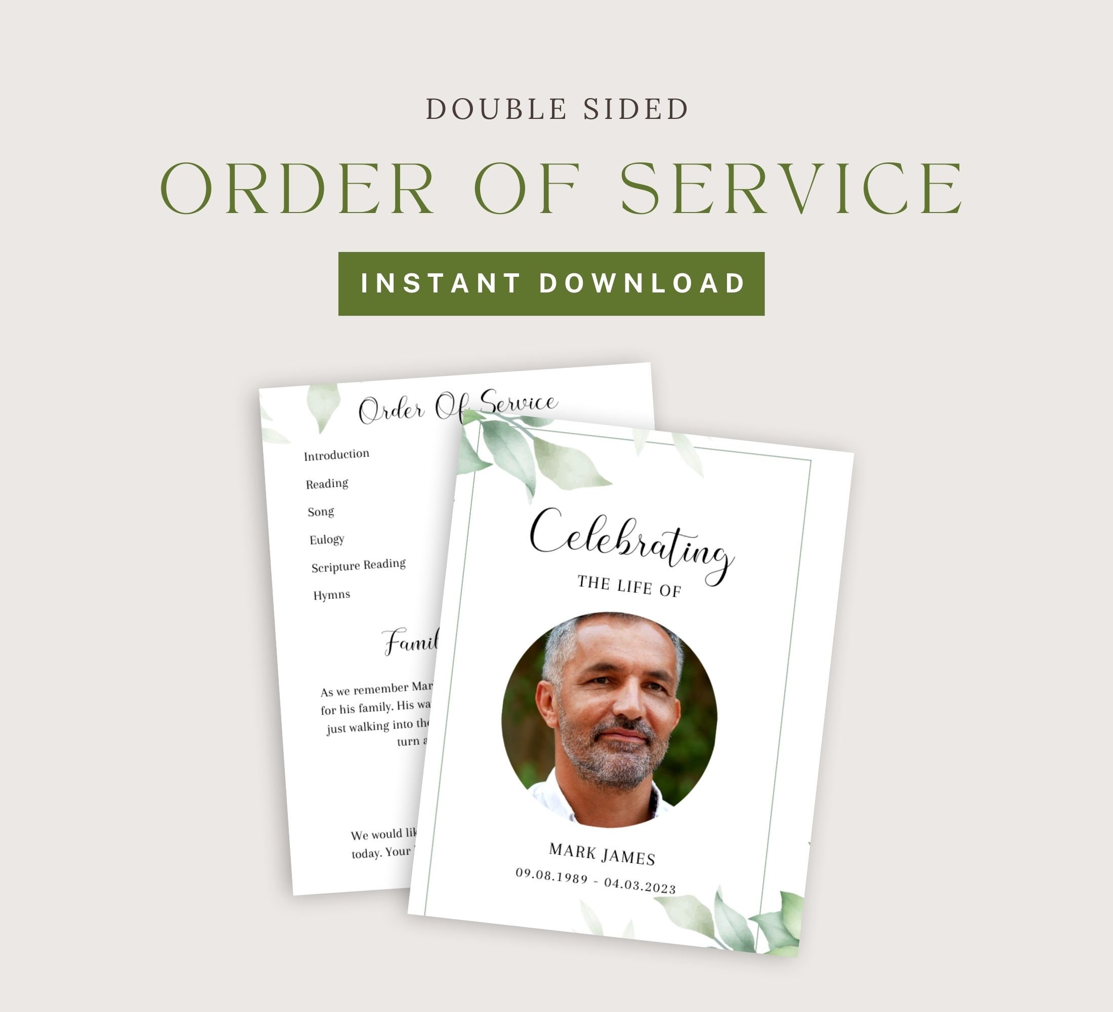 Double Sided Funeral Program Template, Greenery Memorial Program ...