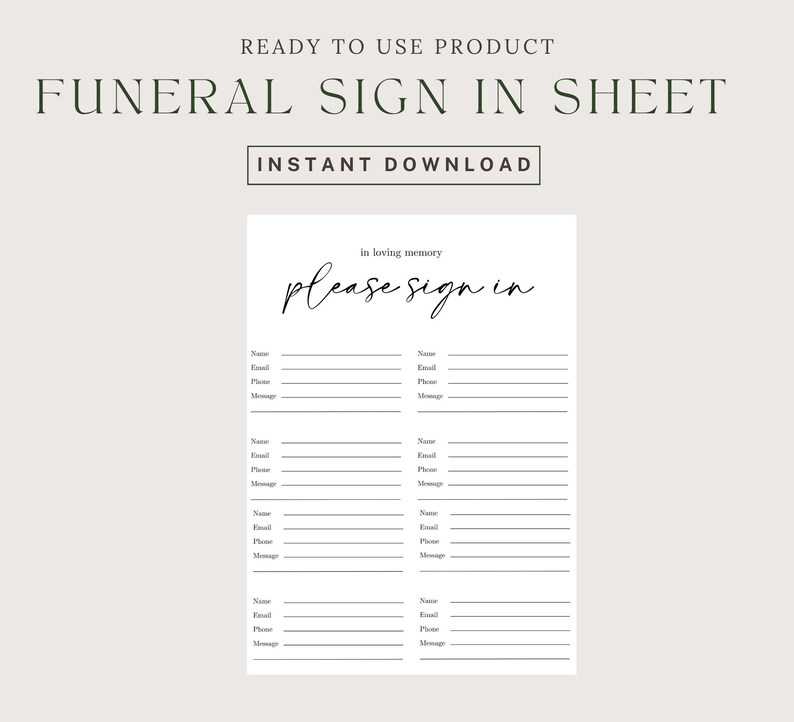 Funeral Sign in Sheet, Printable Funeral Guest Book Insert, Printable ...