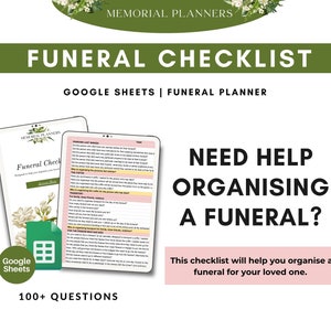 Può includere: Un elenco di controllo di Google Sheets per organizzare un funerale. L'elenco di controllo è su un tablet con un design floreale. Il testo "Funeral Checklist" è in grandi caratteri grassetto. Il testo "Need Help Organizing a Funeral?" è in grandi caratteri grassetto. Il testo "This checklist will help you organize a funeral for your loved one." è in caratteri grassetto più piccoli. Il testo "100+ Questions" è nella parte inferiore dell'immagine.