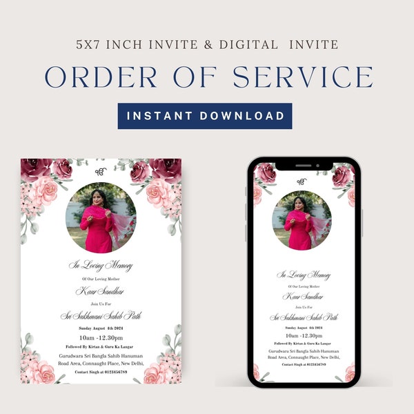 Sikh Funeral Invite Mother, Pink Floral Sikh 5X7 Invite & Digital Invite, Punjabi Funeral Invite, Indian Funeral Invite, Sikh Funeral Card