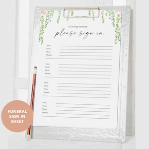 Puede incluir: Un cartel blanco con un borde floral y el texto "En memoria cariñosa, por favor firme". El cartel tiene líneas para que los invitados escriban su nombre, correo electrónico, número de teléfono y un mensaje.
