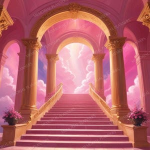 Pink & Gold Heaven Stairs, In Loving Memory Template, Memorial Button Pin Background, Funeral Button, RIP PNG Add Photo, Funeral Shirts PNG
