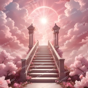 May include: A stairway to heaven with white stone steps and railings, leading up to a bright light in a pink and white cloudy sky. The stairway is surrounded by pink flowers and trees.
