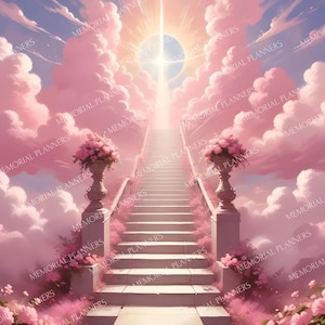 Op de afbeelding: Een witte trap die naar een helder licht in een roze en witte bewolkte lucht leidt. De trap wordt geflankeerd door twee witte pilaren met roze bloemen in urnen.