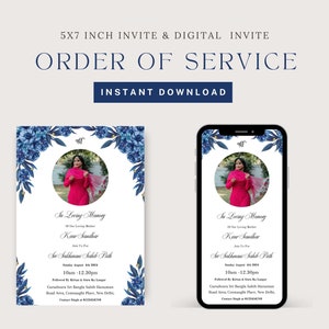 Convite para funeral Sikh Mãe, convite floral azul Sikh 5X7 e convite digital, convite para funeral Punjabi, convite para funeral indiano, cartão de funeral Sikh