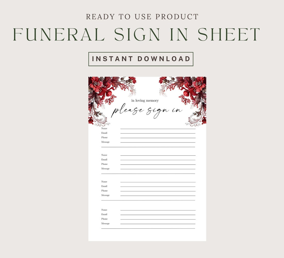 Red Floral Funeral Sign in Sheet, Printable Funeral Guest Book Insert ...