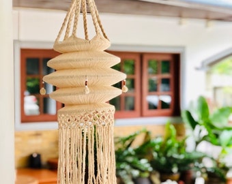 Abat-jour en macramé fait main, décoration bohème, coton écologique et bambou