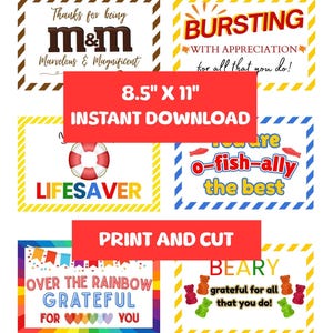 May include: A collection of printable cards with various designs and messages. The cards include phrases like "Thanks for being M&M," "Bursting with Appreciation," and "Lifesaver." The size is 8.5" x 11" and is an instant download.