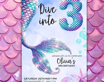 Invitación de sirena para tercer cumpleaños con purpurina, azul, rosa y bajo el mar. Invitación de cumpleaños editable con purpurina, holográfica, Canva.