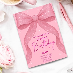 Pink Bow Invitation - Coquette Birthday Girl Invite | Editable & Printable Invitation Template | Digital Download for Girl Birthday Party