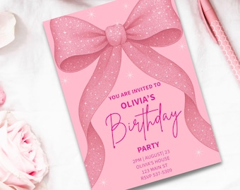 Pink Bow Invitation - Coquette Birthday Girl Invite | Editable & Printable Invitation Template | Digital Download for Girl Birthday Party