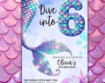Invitación de sirena para sexto cumpleaños "Sumérgete en seis", color morado, azul y rosa, bajo el mar, con purpurina, editable, holográfica, Canva