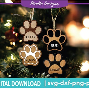 Pet Paw Christmas Tree Decoration Digital File SVG Laser Glowforge Hanging Memory Dog Cat Pet Lightburn Ornament, Personalized Name