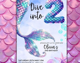 2nd Birthday Mermaid Invitation Purple Blue Pink Under The Sea Invite Glitter Editable Birthday Invitation, Holographic, Canva