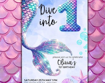 Invitación de sirena para primer cumpleaños con purpurina, azul, rosa y bajo el mar. Invitación de cumpleaños editable con purpurina, holográfica, Canva.