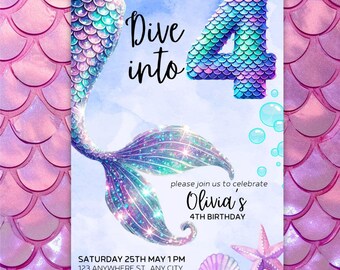 Dive into Four 4th Birthday Mermaid Invitation Purple Blue Pink Under The Sea Invite Glitter Editable Birthday Invite, Holographic, Canva