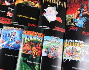 May include: A collection of Super Nintendo instruction manuals, including titles like 'Mega Man X', 'Donkey Kong Country', 'Super Mario Kart', and 'Super Mario All-Stars'.