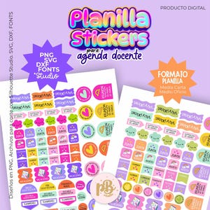 Könnte beinhalten: Ein digitaler Stickerbogen für Lehrerplaner mit bunten Etiketten und spanischen Texten wie Importante, Junta und Vacaciones. Das Design umfasst verschiedene Formen wie Wolken, Herzen und Banner in Pastelltönen sowie Angaben zu den Dateiformaten PNG, SVG und DXF.