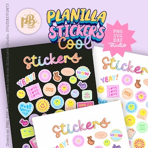 May include: A collection of colorful stickers with various designs, including smiley faces, hearts, and positive affirmations. The image features the words "PLANILLA STICKERS Cool" and "Stickers" in a playful font, along with file type information.