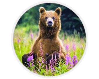 Brown Bear in Fireweed Sticker -- Alaska
