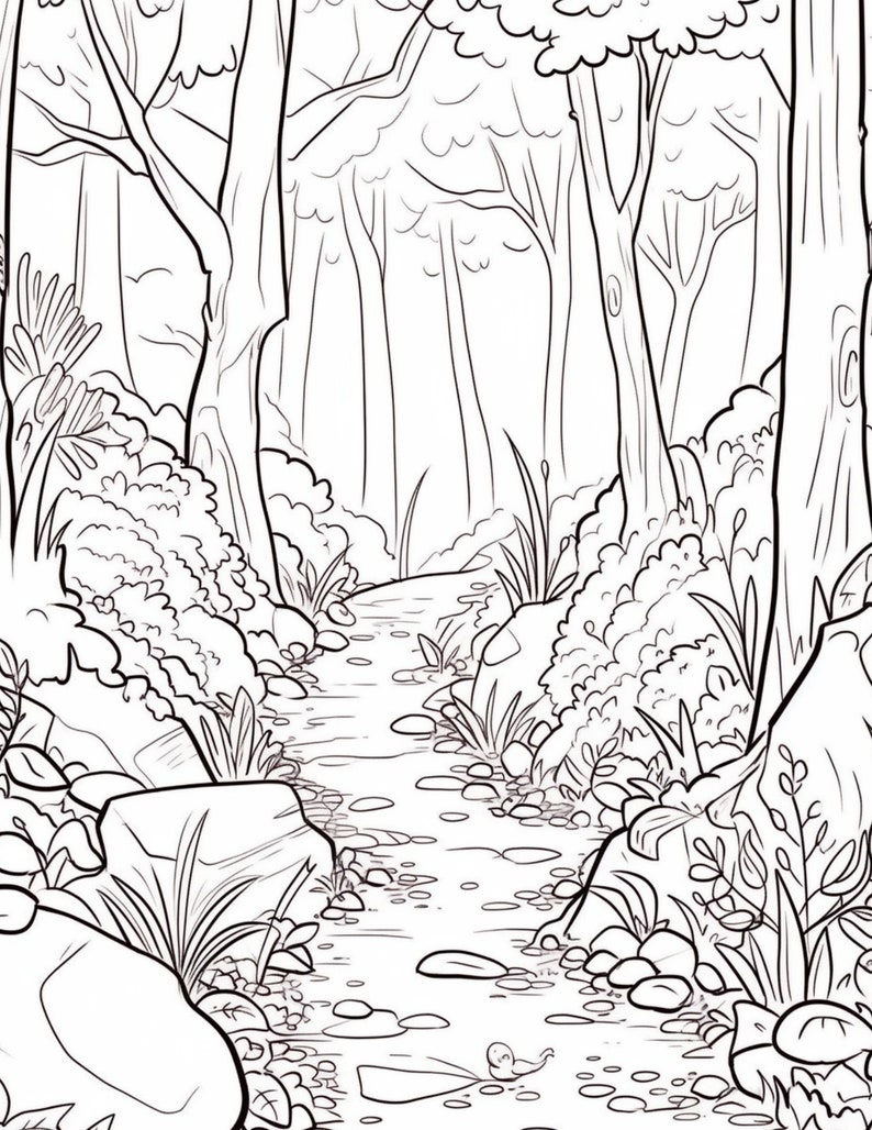 May include: A black and white line drawing of a forest path with a stream running through it. The path is lined with trees and bushes, and there are rocks in the stream.
